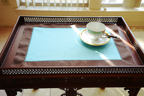 Multicolor Hemstitch Placemats 14"x20". Aqua with Brown border